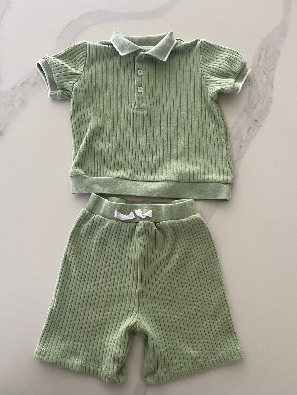 2Y Light Green Ribbed Polo Top & Shorts Set